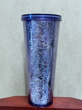 Starbucks Lavender Purple Embossed Metallic Tin Foil Floral Flowers Tumbler Cup